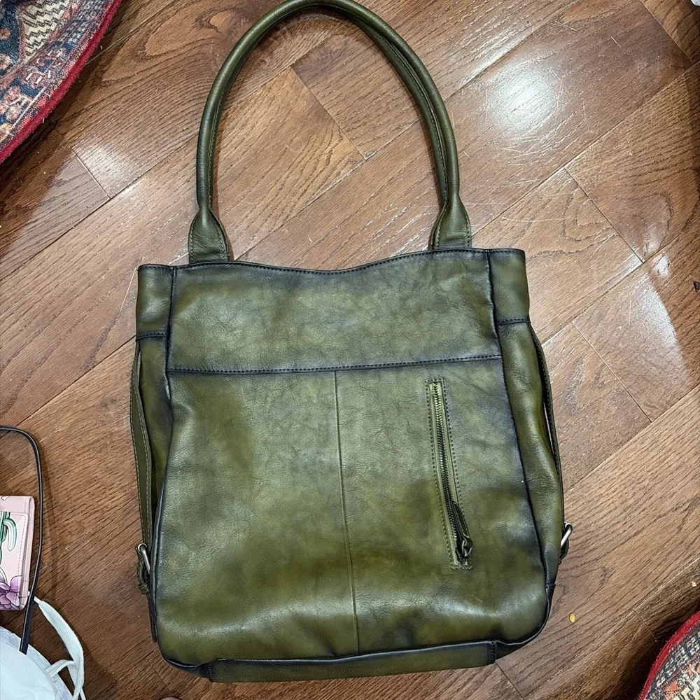 LRTO Leather Tote Bag Hand Painted Dalmatian Dog Olive Green Large Art Bag‎